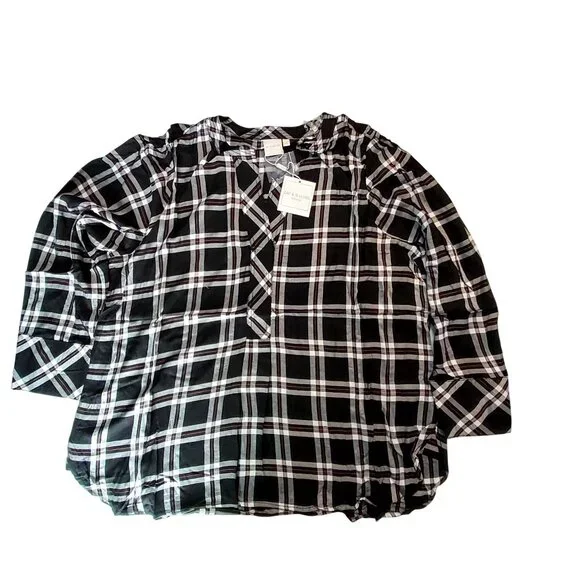 Zac & Rachel Womens Size 2X Black/White Plaid V-Neck Tie-Front Blouse 100% Rayon - Picture 1 of 12